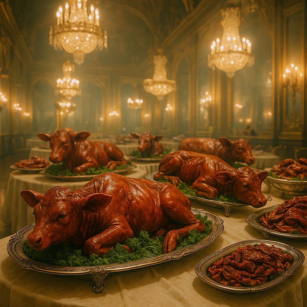 Fotorealistisches Bild eines satirischen Kalb-Buffets in luxuriöser Umgebung ohne Menschen, symbolisch für Fleischkonsum und Doppelmoral