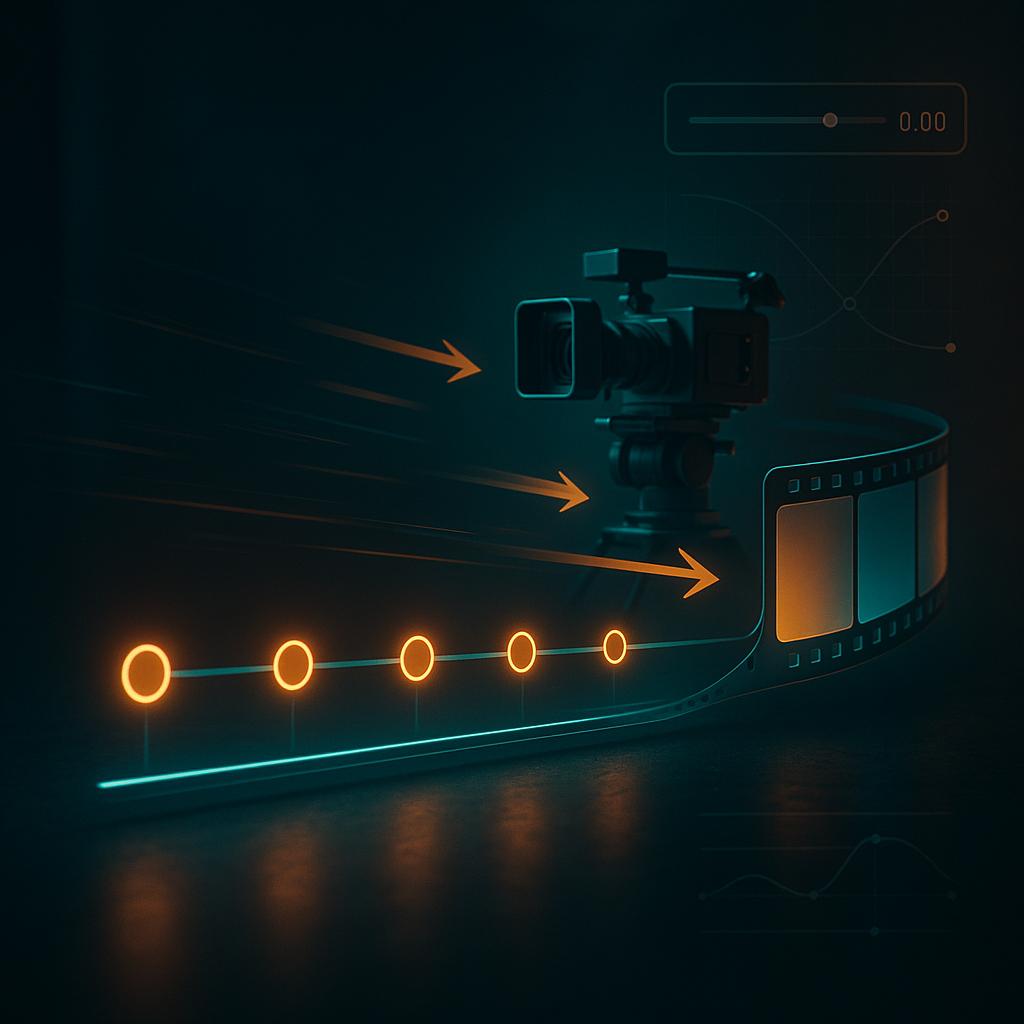 Symbolische Darstellung einer Keyframe‑Timeline, die sich in eine fließende KI‑Videoanimation verwandelt – Timing‑Slider, Filmstreifen und Kamerapfeile ohne Personen