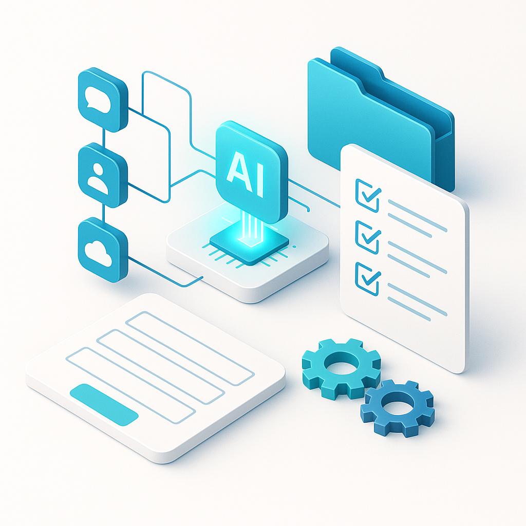 Symbolgrafik: KI-gestützter Onboarding-Workflow mit Formular, Checklisten und vernetzten Apps – Automatisierung für Beratungsbusiness