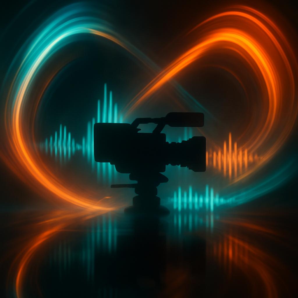 Abstrakte Visualisierung flüssiger Bewegungen, Kamera‑Rig und Audio‑Wellenformen – MiniMax Hailuo 2.3 und Music 2.0 für KI‑Videoproduktion