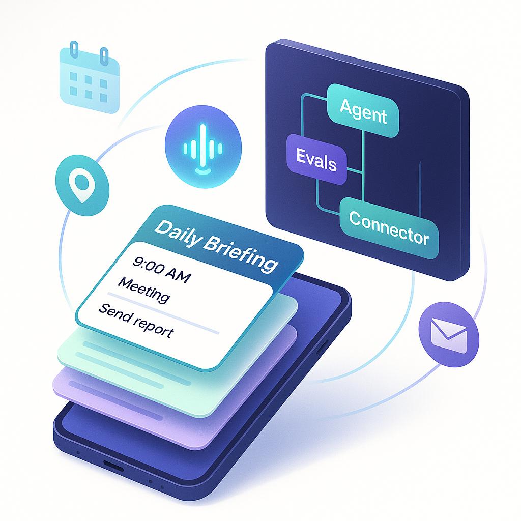 Symbolische Darstellung eines proaktiven KI-Agenten-Ökosystems mit Smartphone-Benachrichtigungen, Workflow-Canvas, Sprachwellenform und App‑Icons für Kalender, Mail und Karten