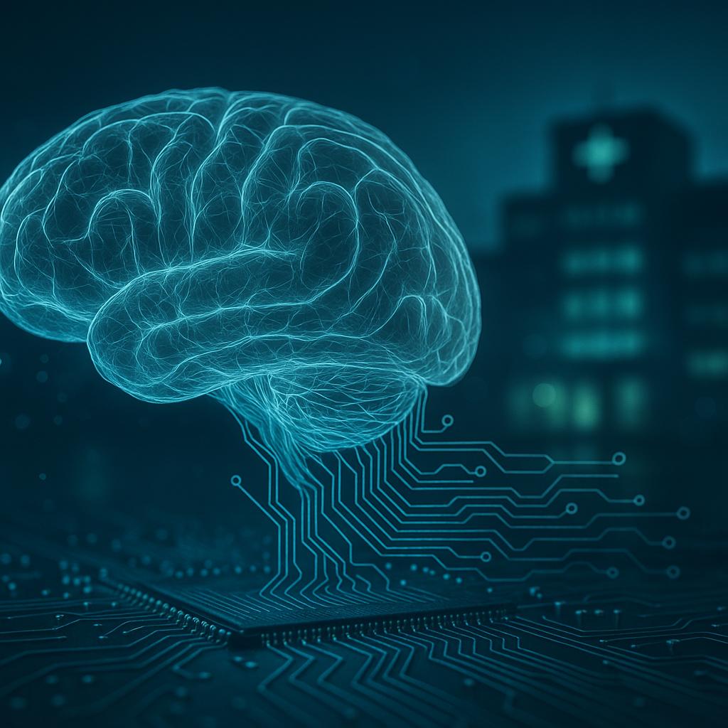 Symbolisches Bild eines vernetzten Gehirns, das in Microchip-Leiterbahnen übergeht – Brain-Computer-Interfaces und KI in der Medizin