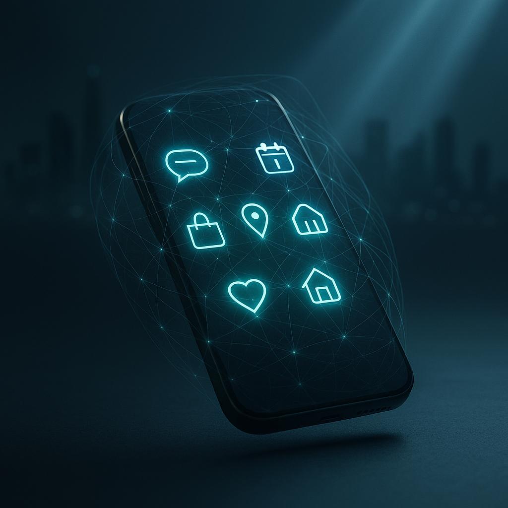 Symbolisches Bild einer KI‑Everything‑App: Smartphone mit vernetzten Icons für Chat, Bezahlung, Shopping und Navigation, umspannt von einem neuronalen Netz