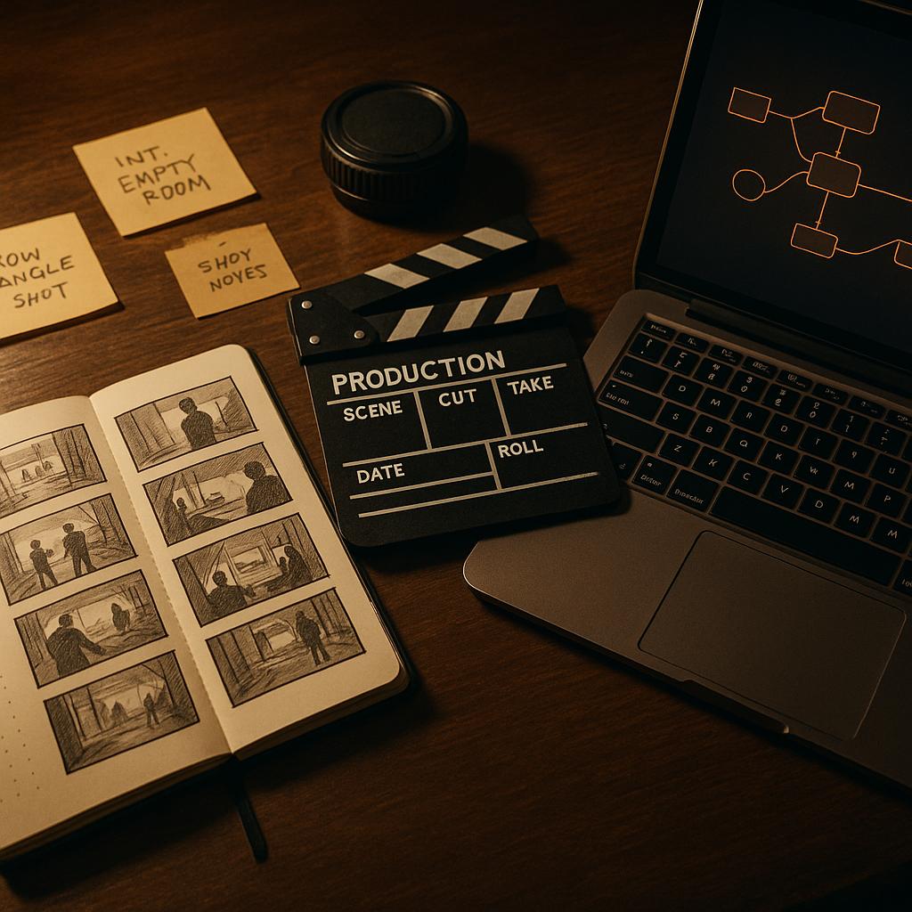 Symbolisches Foto eines Storyboard‑Layouts und eines Node‑Workflows – KI‑Storyboard und konsistente Charaktere mit Higgsfield Popcorn