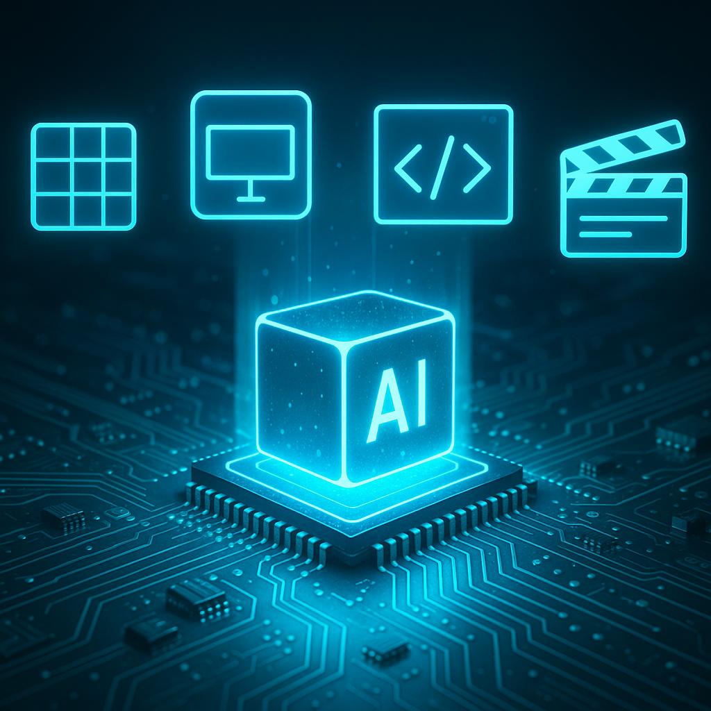 Symbolbild zu GPT‑5.2: leuchtender KI‑Chip mit Icons für Tabellen, Präsentationen, Code und Videoerstellung