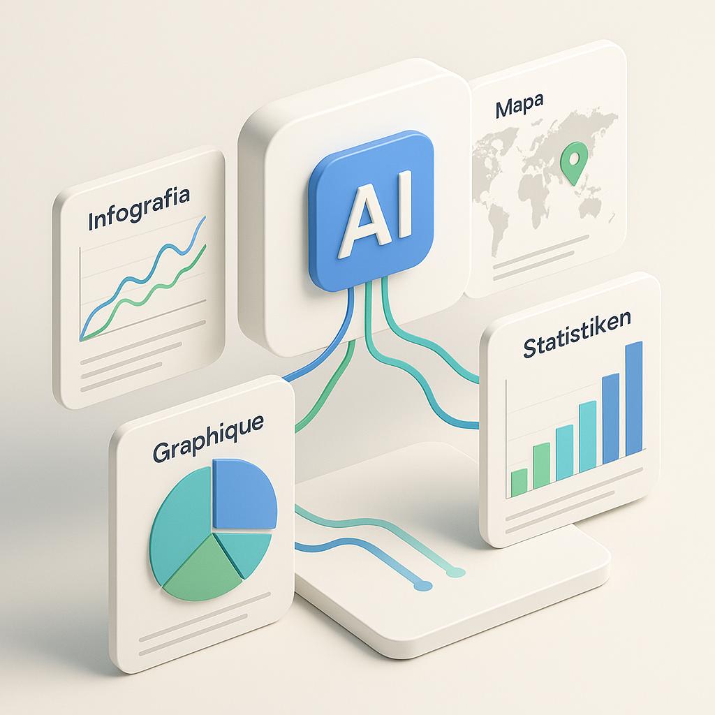 Abstrakte 3D‑Illustration einer KI‑Oberfläche, die Infografiken und Diagramme automatisch erstellt – ideal für Business‑Visualisierungen