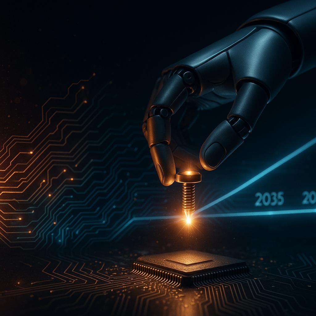 Symbolbild zur KI-Zeitachse 2029 bis 2042 mit Feuer-Metapher, Leiterbahnen und Roboterhand