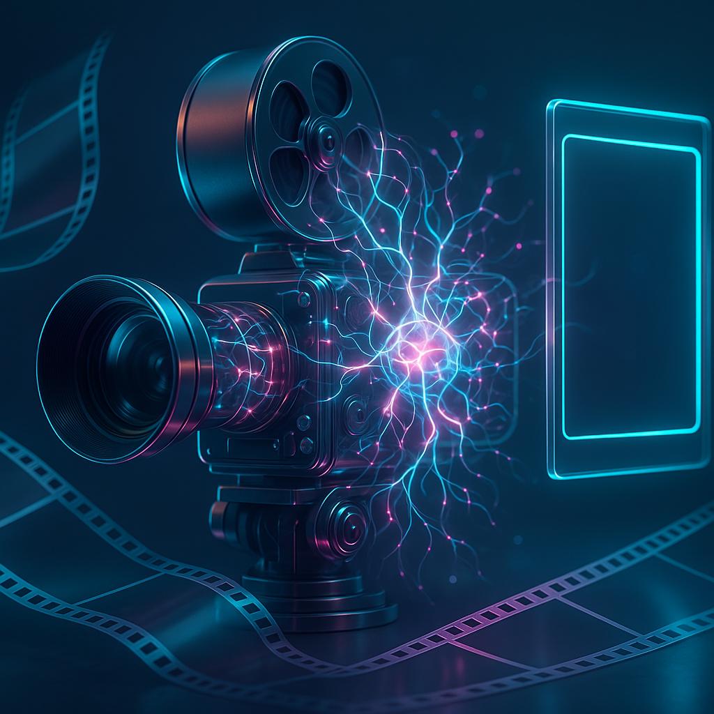 Symbolisches Titelbild zur KI‑Videoerzeugung 2025 mit Kamera, neuronalen Netzen und holografischen Filmframes