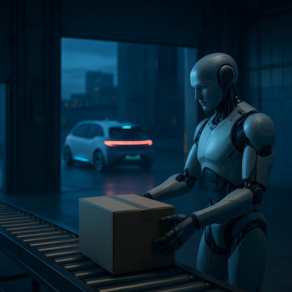 Symbolbild Physical AI 2026 mit humanoidem Roboter im Lager und Robotaxi im Hintergrund, ohne Personen