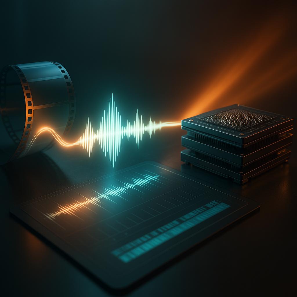 Symbolisches KI‑Video‑Bild: Filmstreifen verschmilzt mit Audio‑Wellenformen und GPU‑Chips – Fokus auf Kling 2.6 mit nativem Audio und Runway Gen‑4.5 Benchmark