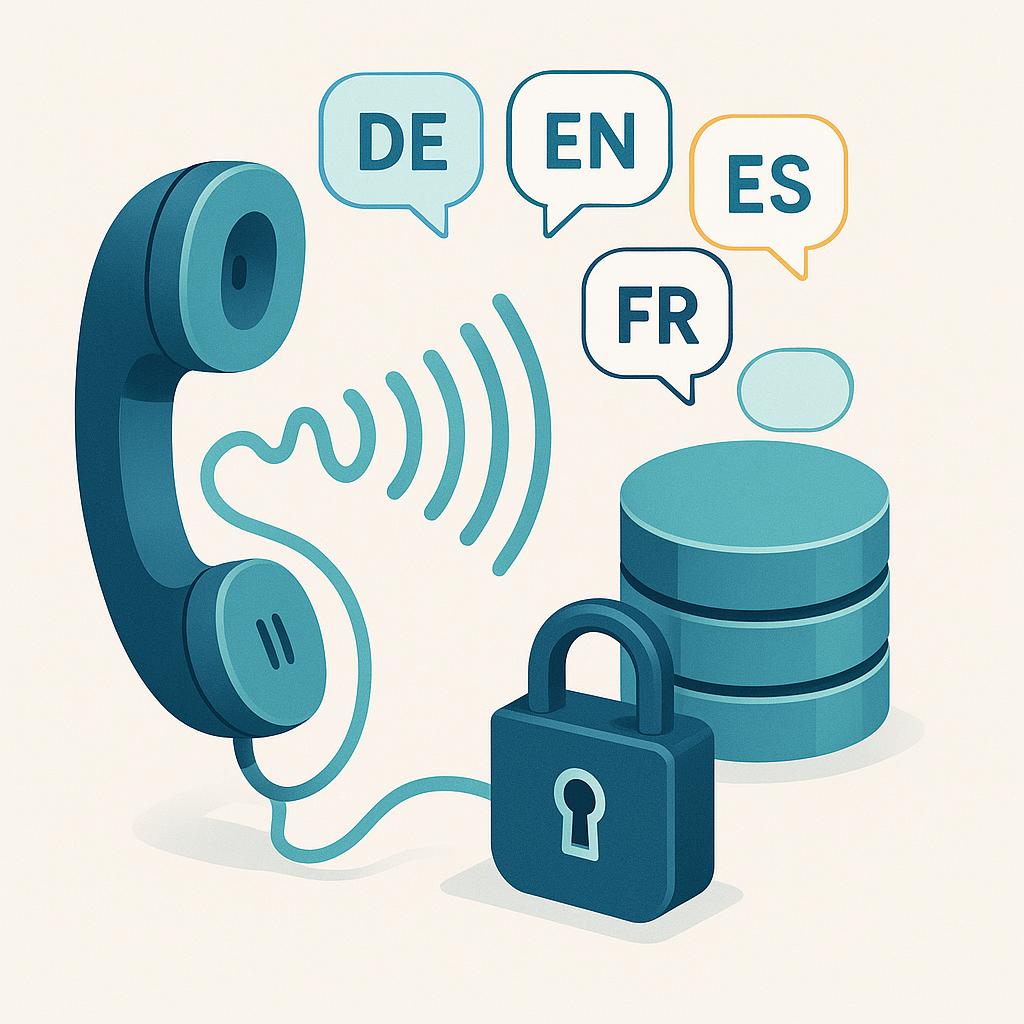 Symbolbild eines KI‑Voice‑Agenten mit Telefonhörer, Sprachwellen, Datenbank und Schloss für DSGVO‑Compliance im Betrieblichen Eingliederungsmanagement