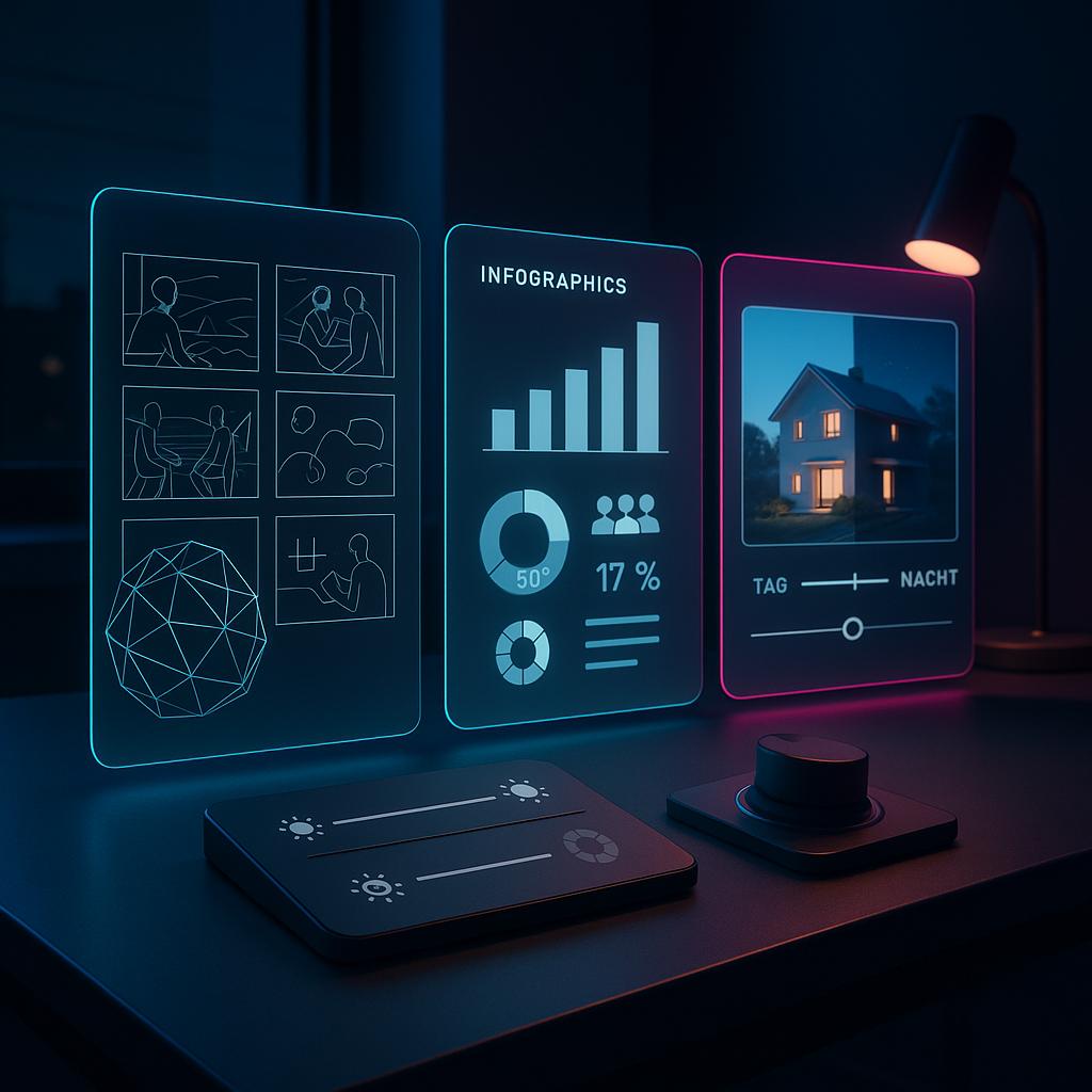 Symbolisches 4K‑Keyvisual zu Nano Banana Pro und Gemini 3 mit UI‑Panels für Infografiken, Storyboards, Licht- und Fokus‑Reglern sowie 3D‑Wireframe – ohne Personen und ohne Logos