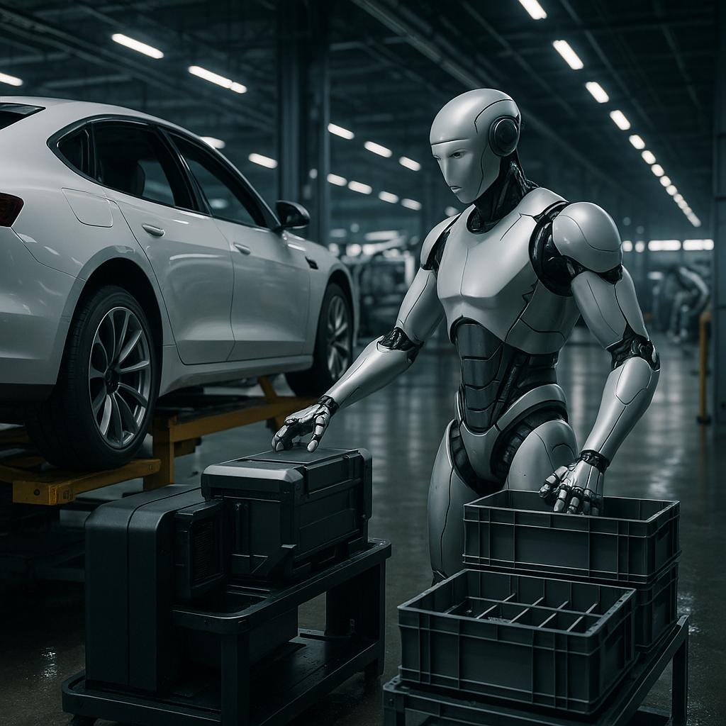 Humanoider Roboter Atlas in einer modernen Fabrik mit autonomem Batteriewechsel und Teile-Sequenzierung, inspiriert von CES 2026, ohne Personen oder Logos