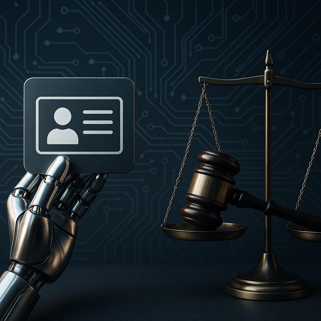 Symbolbild: Roboterhand mit digitalem Ausweis‑Icon und Richterhammer auf einer Waage – KI‑Haftung und digitale Identität 2026