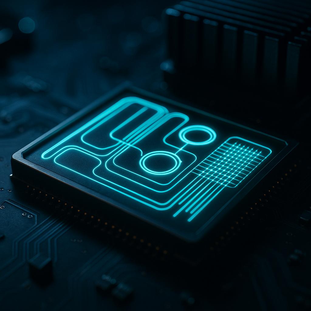 Makroaufnahme eines Siliziumphotonik-Chips mit leuchtenden Wellenleitern als Symbol für energieeffiziente KI-Rechenzentren