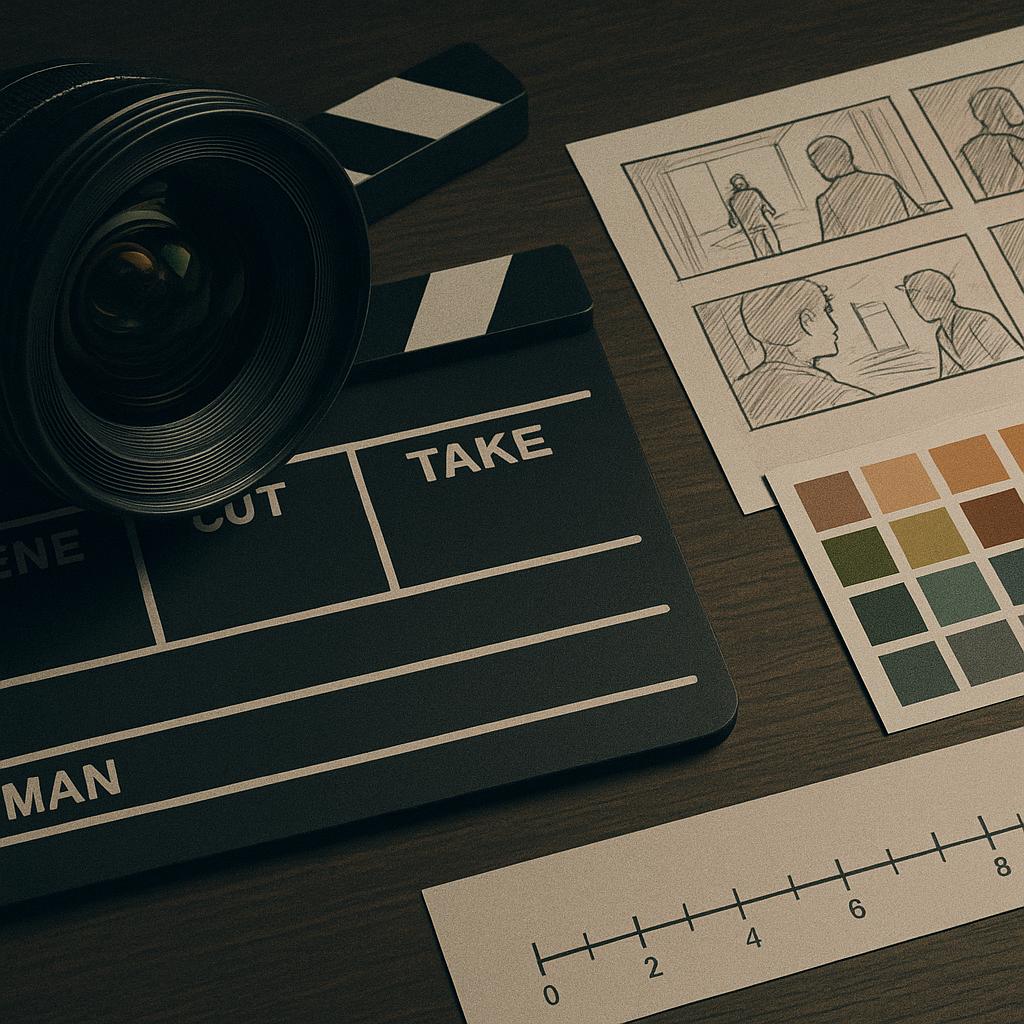 Symbolbild ohne Personen – Kameraobjektiv, Filmklappe, Storyboard und Farbtafeln veranschaulichen fünf Bildstile für KI‑Videos