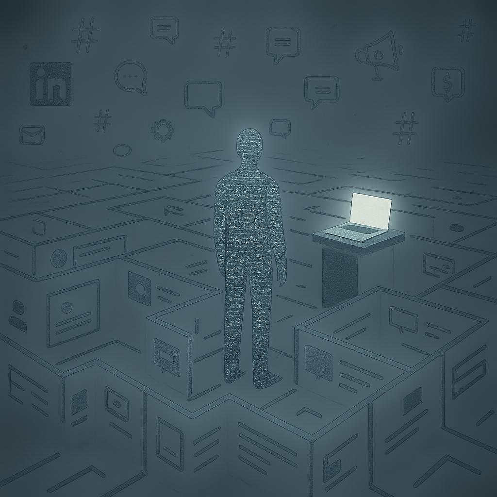 Symbolische Darstellung einer LinkedIn-Bühne mit Icons, Hashtags und einem leuchtenden Laptop, ohne Personen