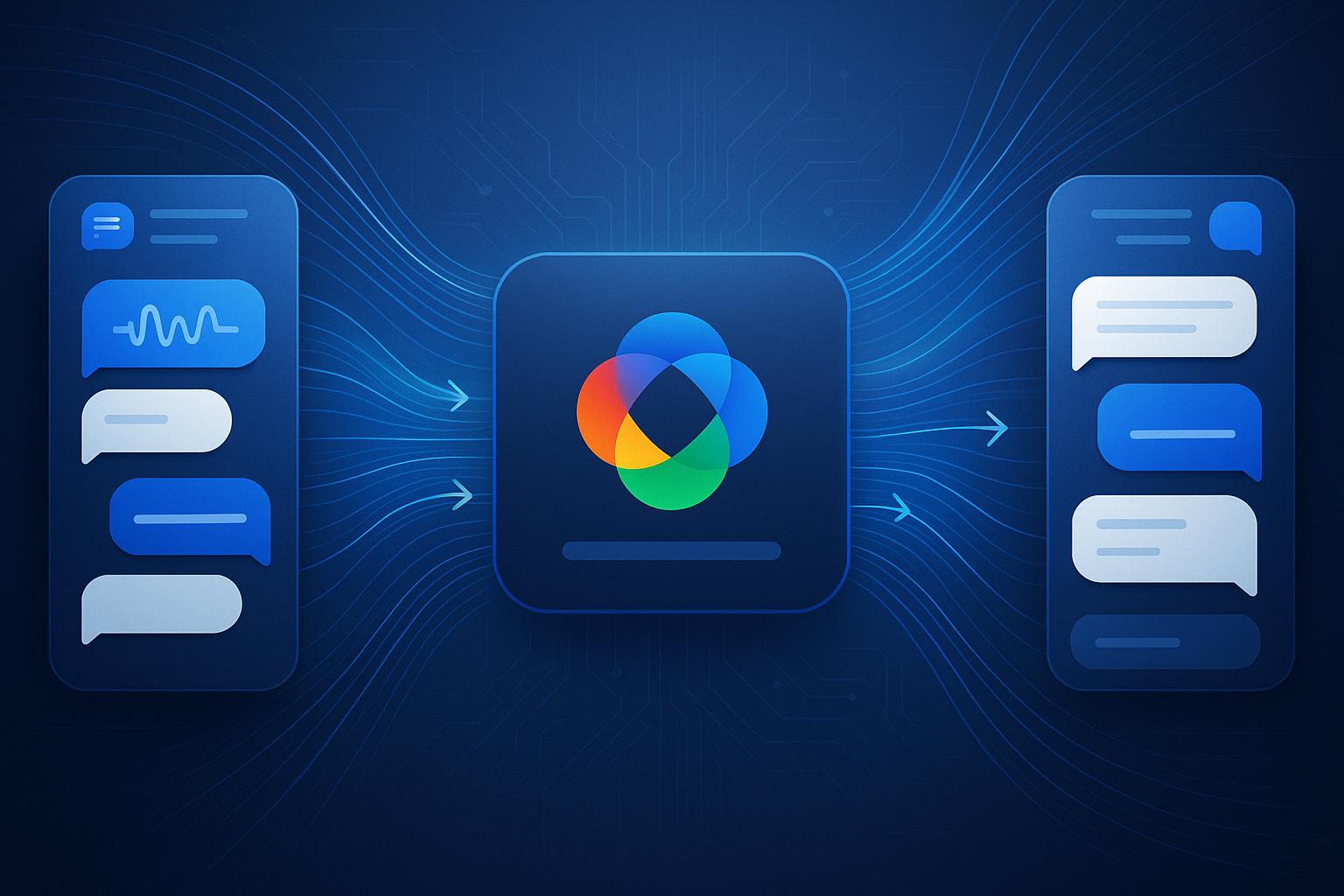 Symbolisches Bild zum Wechsel von anderen Chatbots zu Gemini mit importierten Chatverläufen, Datenströmen und KI-Interfaces ohne Personen