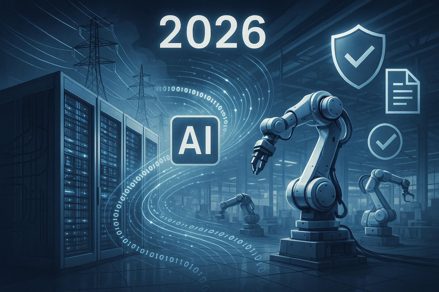 Symbolbild zu KI 2026 mit Rechenzentrum, Industrierobotern und digitaler Regulierung