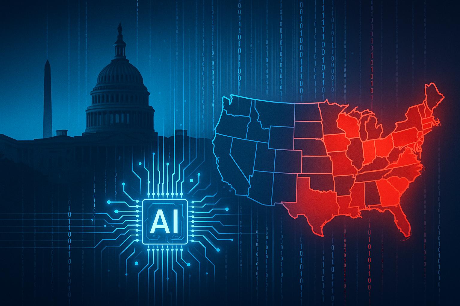 Symbolbild zur KI-Regulierung in den USA mit Capitol, digitaler US-Karte und KI-Netzwerk ohne Personen