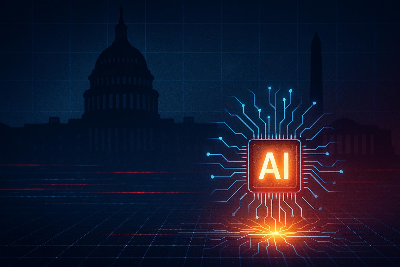 Symbolbild zur KI-Regulierung in den USA mit digitalem KI-Chip, Sicherheitsnetz und Regierungsarchitektur in Washington