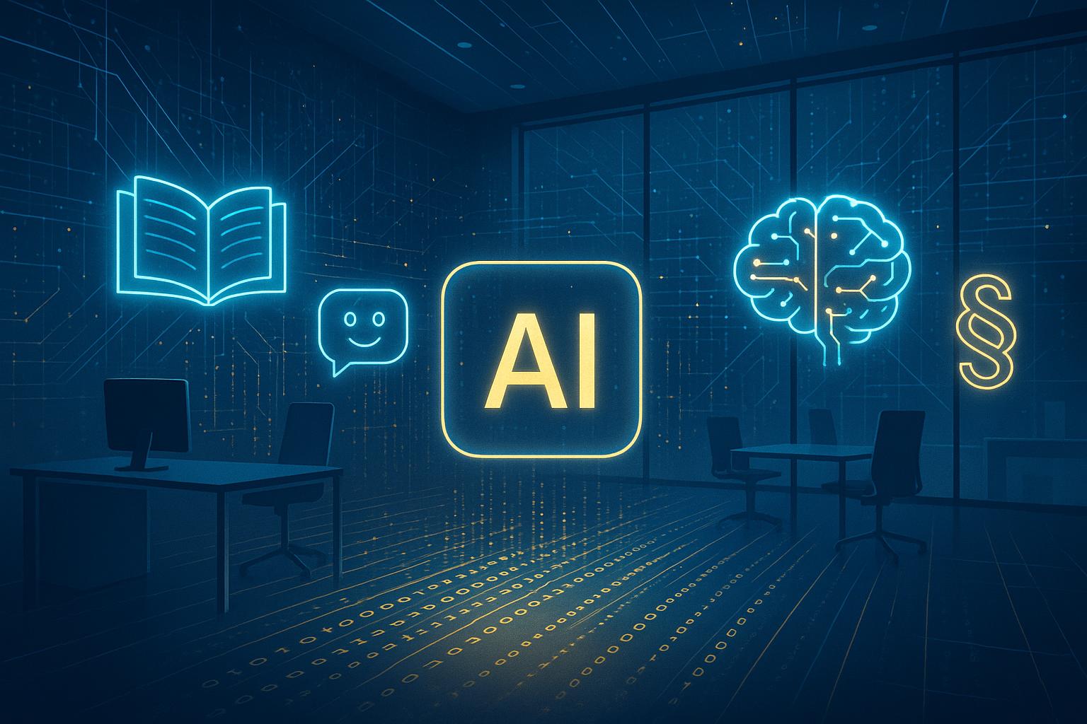 Symbolbild zur künstlichen Intelligenz in der Arbeitswelt mit digitalen Netzwerken, Code und Bildungssymbolen