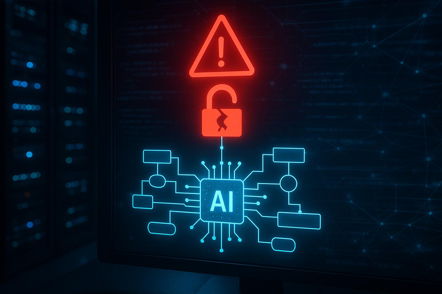 Symbolbild zur Langflow Sicherheitslücke: KI-Workflow mit Warnsymbol, Schloss und Servern im Hintergrund