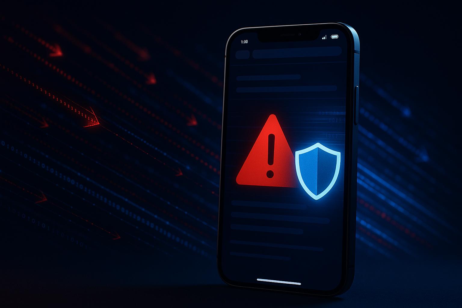 Symbolbild zur iPhone-Sicherheit: iPhone mit Warnsymbol vor Cyberangriff durch manipulierte Webseite und Schutz durch iOS-Update