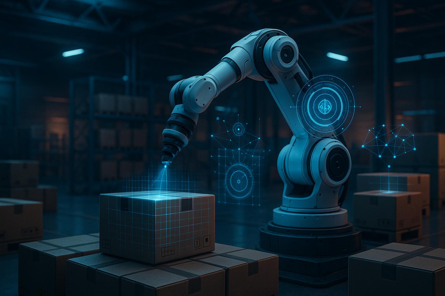 Symbolbild zu Gemini Robotics-ER 1.6: KI-gesteuerter Roboterarm in intelligenter Lagerhalle mit digitaler Umgebungsanalyse