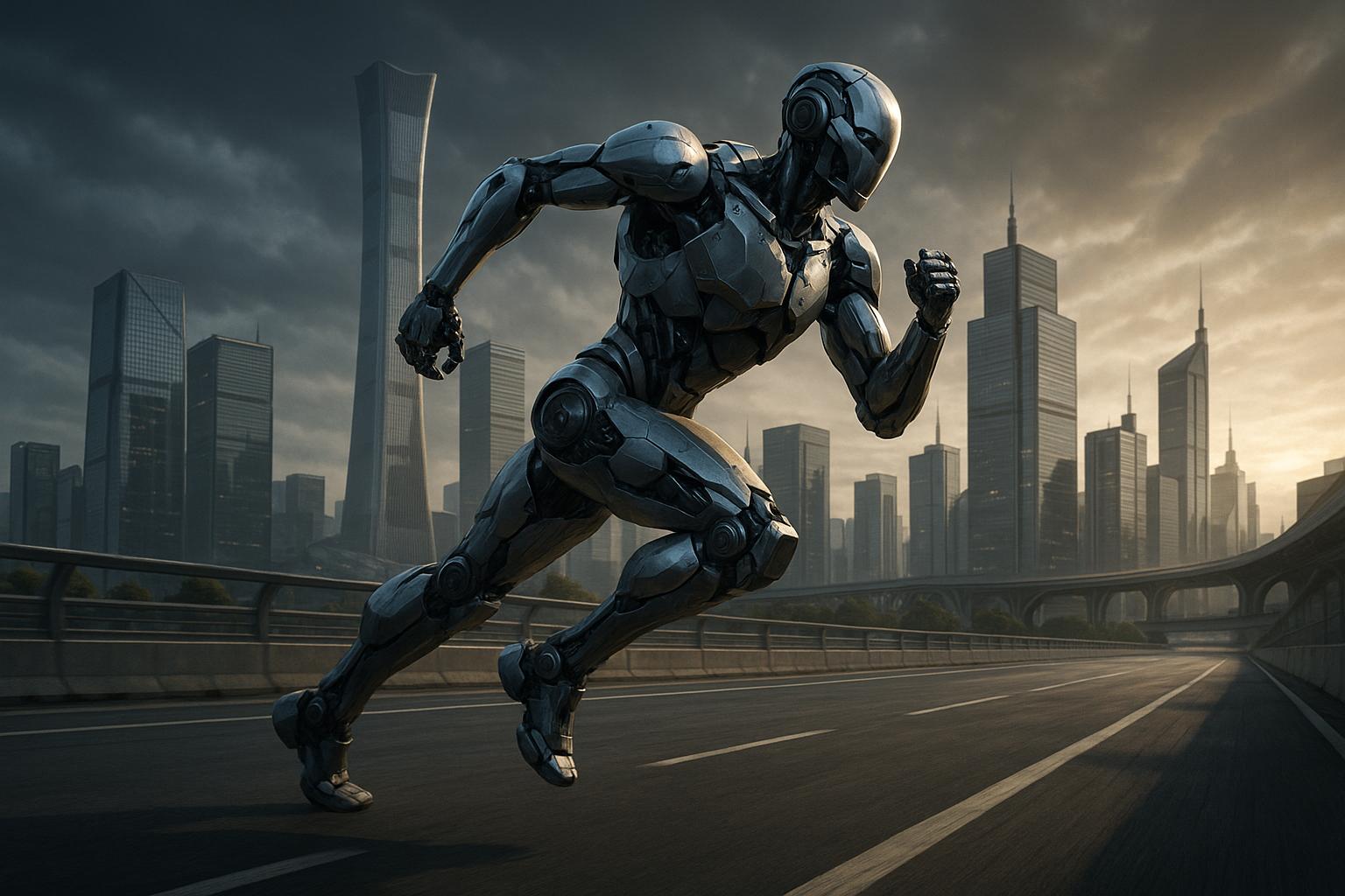 Humanoider Roboter auf Laufstrecke als Symbol für Fortschritte in KI und Robotik