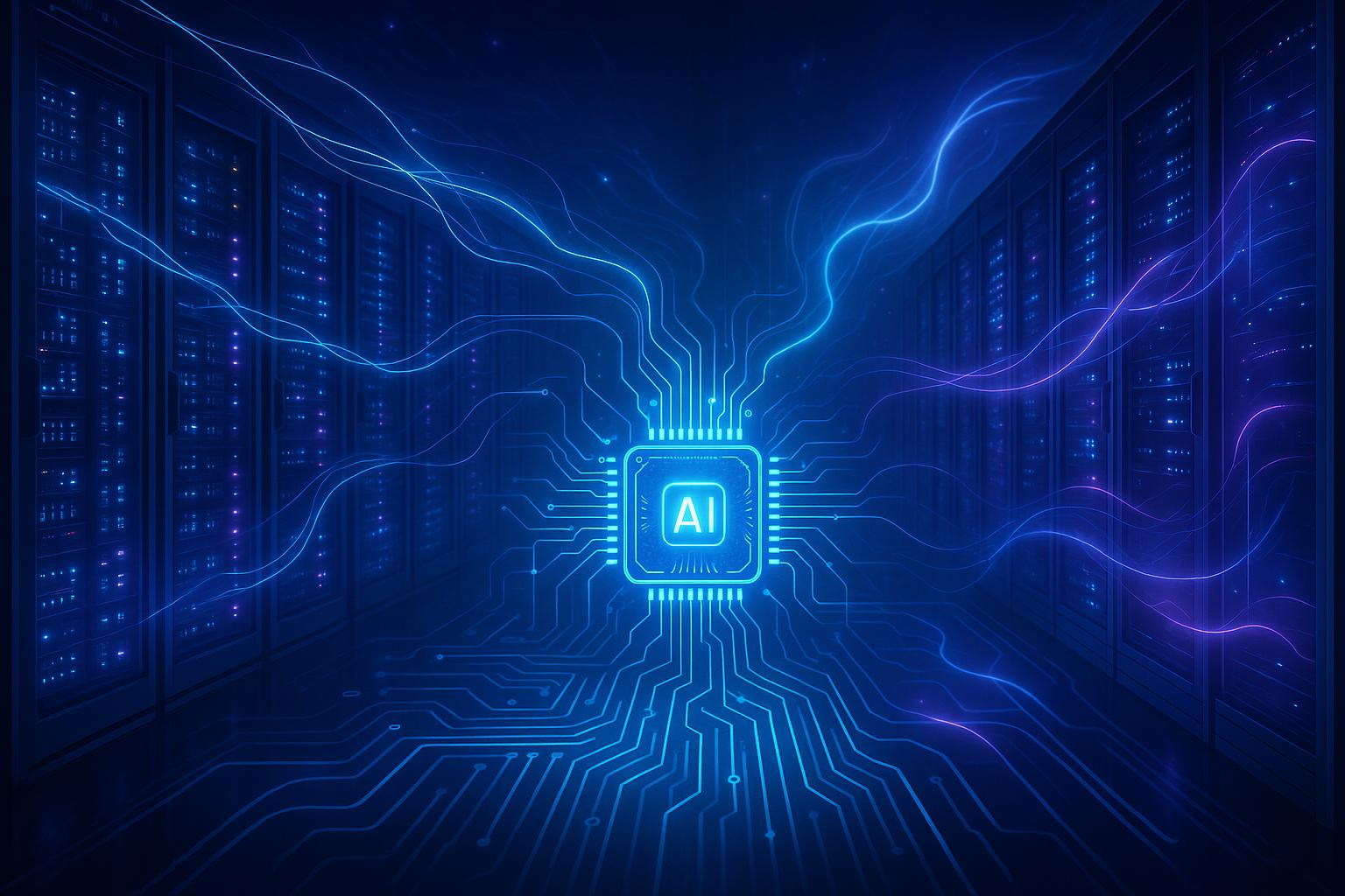 Symbolbild zu KI-Infrastruktur mit Rechenzentrum, Chips und Energie als Grundlage der künstlichen Intelligenz