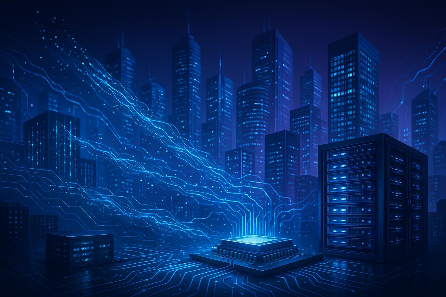 Symbolbild zum KI-Markt mit Rechenzentren, Chips, Datenströmen und digitaler Unternehmensinfrastruktur