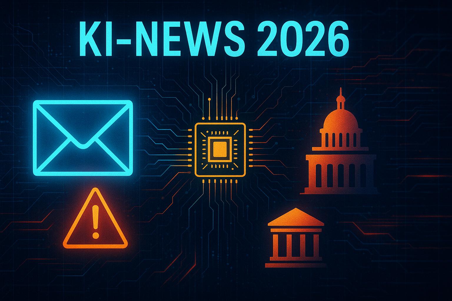 Symbolbild zu KI-News 2026 mit Phishing-Mail, Warnsymbol, KI-Chip und digitaler Verwaltung ohne Personen