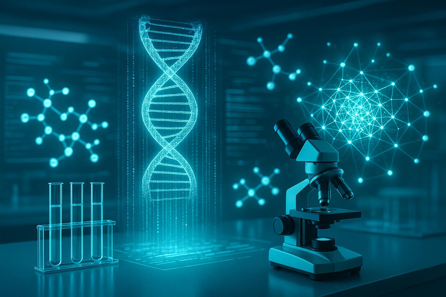 Symbolbild für KI in Biologie, Pharmaforschung und Wirkstoffentwicklung mit DNA, Molekülen und digitalem Labor