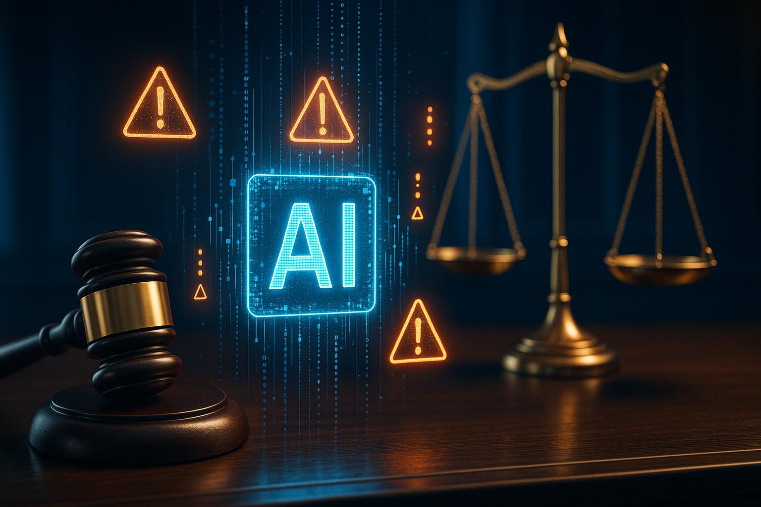 Symbolbild zu KI in der Rechtsbranche mit Justizwaage, Richterhammer und digitalen KI-Elementen ohne Personen