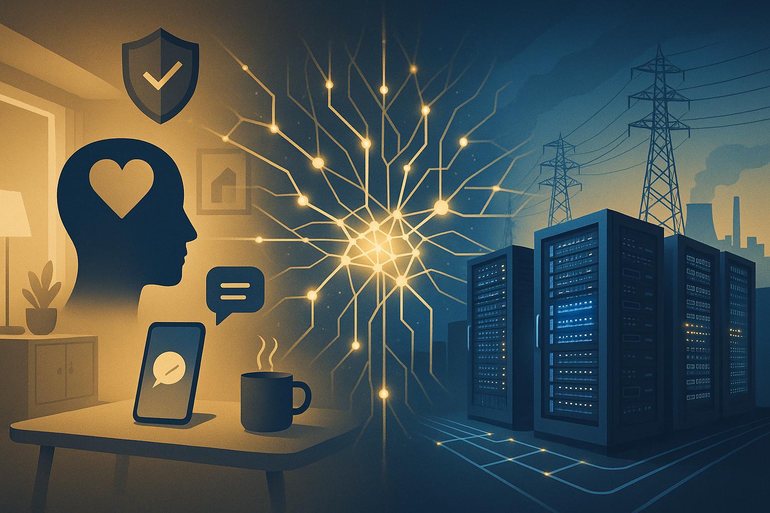 Symbolbild für KI im Alltag, mentale Gesundheit, Vertrauen und industrielle Rechenzentren im Jahr 2026