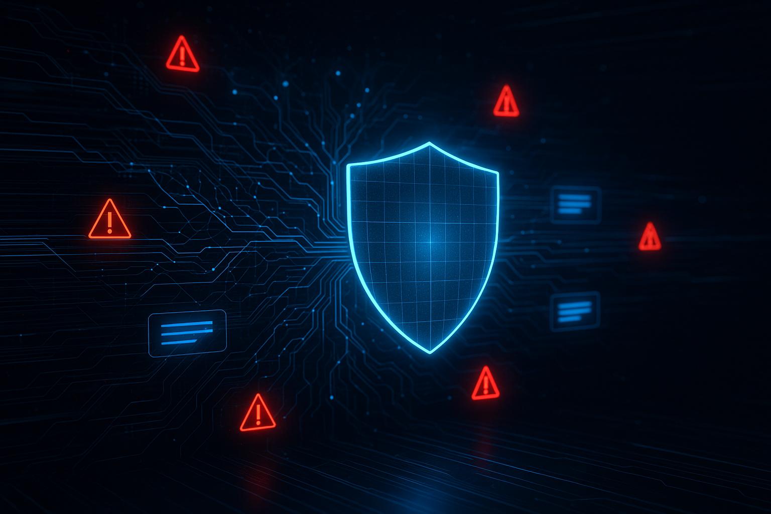 Symbolbild zu KI und Cybersicherheit mit digitalem Schutzschild gegen automatisierte Hackerangriffe
