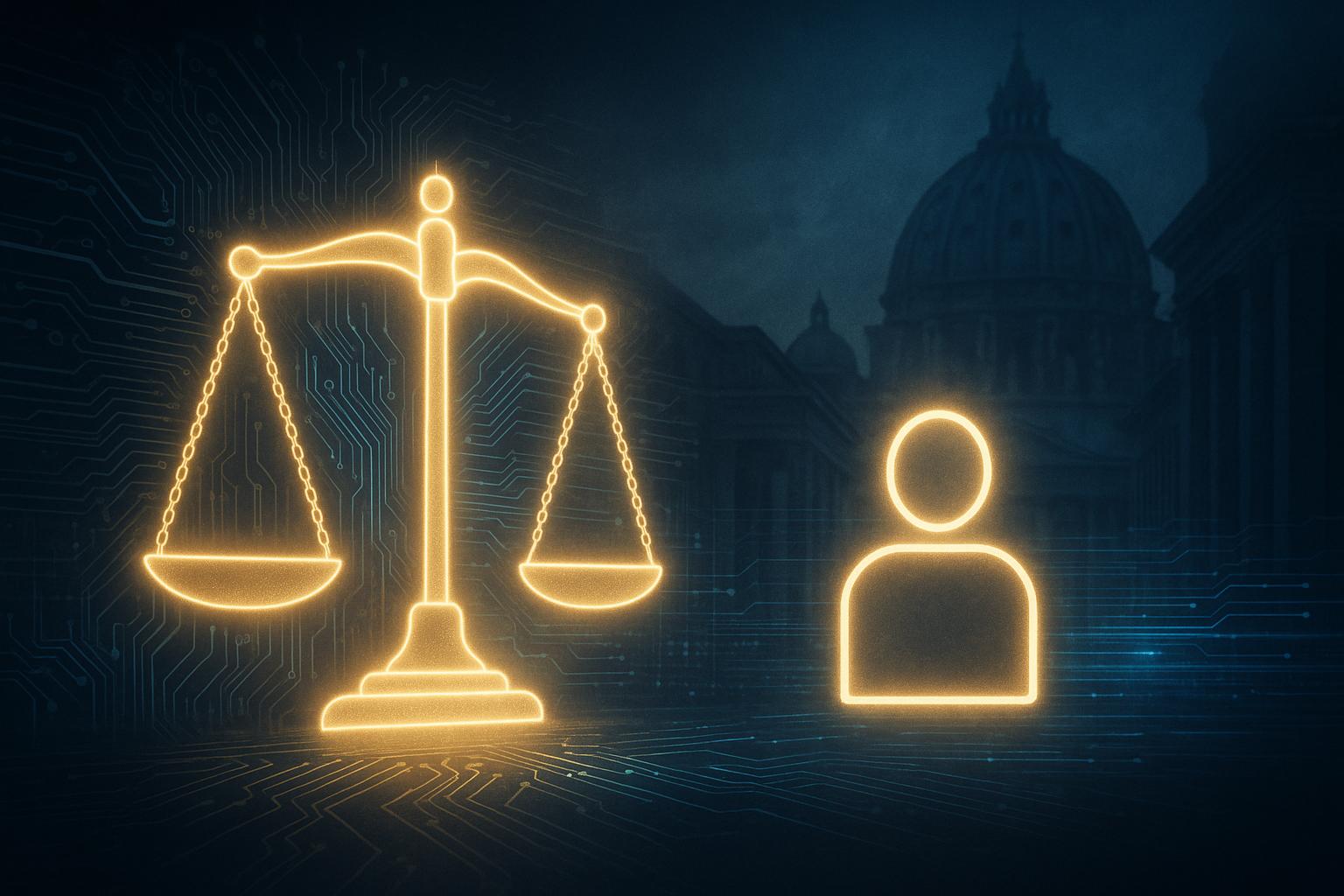 Symbolisches Bild zu KI-Ethik und Menschenwürde im digitalen Zeitalter mit Waage, Schaltkreisen und abstrakter Architektur