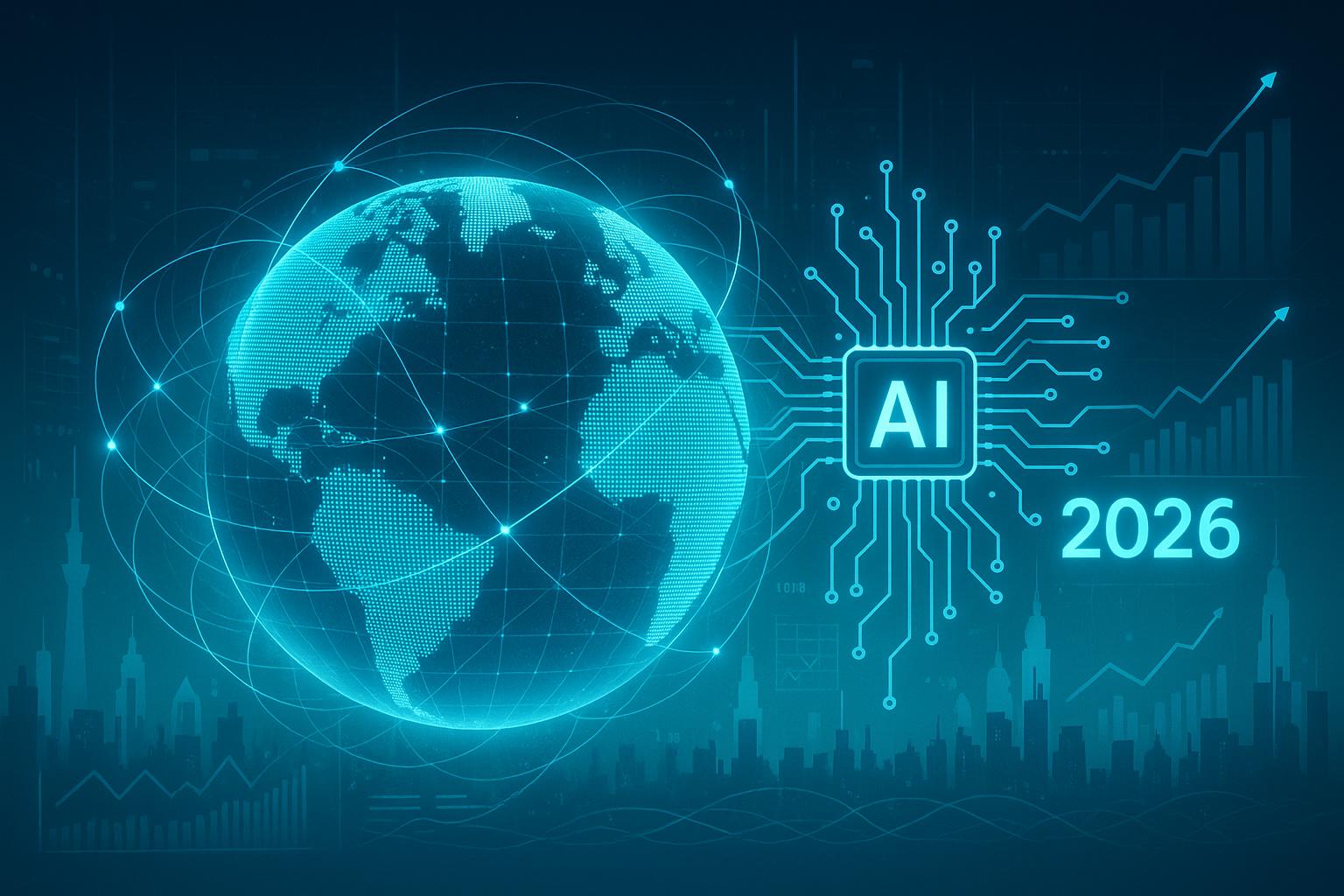 Symbolbild zur weltweit steigenden KI-Nutzung 2026 mit digitalem Globus, Datenströmen und globalem Technologiewettbewerb