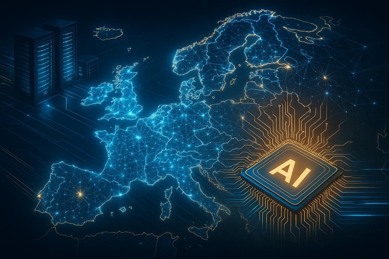 Symbolbild zu Europas KI-Wettlauf mit digitaler Europakarte, Rechenzentren und vernetzten Datenströmen