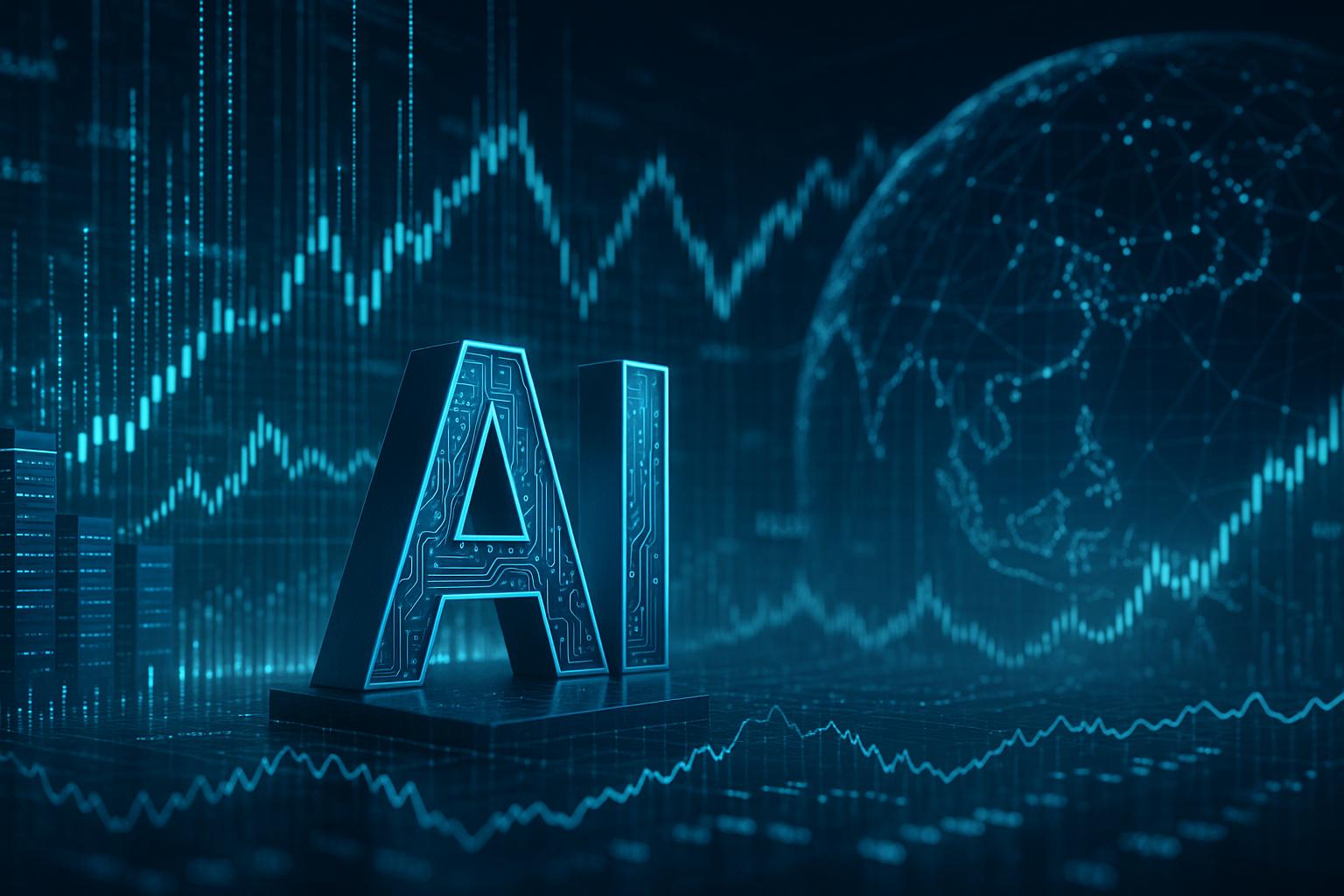 Symbolbild zum KI-Boom an der Börse mit Finanzcharts, digitalen Datenströmen und künstlicher Intelligenz ohne Personen