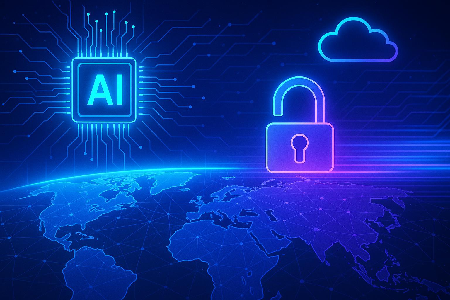 Symbolbild zur weltweiten Freigabe von Claude Fable 5 mit KI-Chip, Cloud und globalem Datennetzwerk
