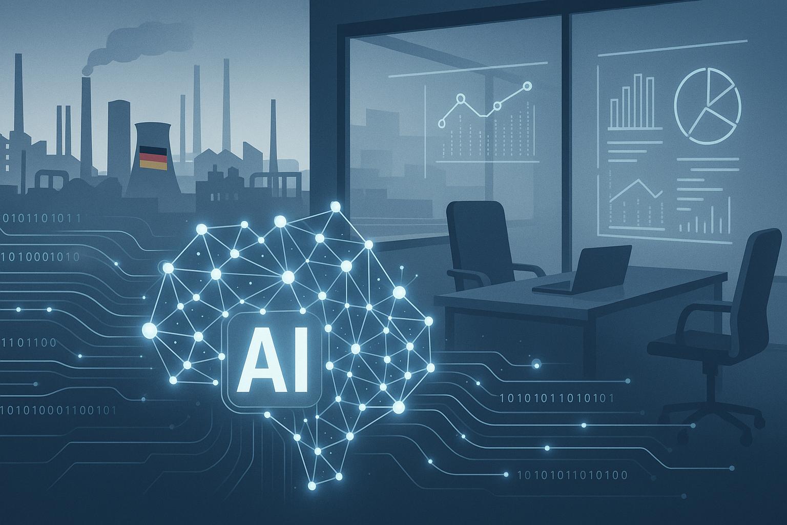 Symbolbild für Künstliche Intelligenz in deutschen Unternehmen mit Industrie, Datenströmen und digitaler Transformation